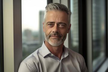 Mature man with grey hair and beard, by a window, radiating calmness- Stock Photo or Stock Video of rcfotostock | RC Photo Stock
