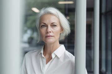 mature woman with short white hair, gazing forward, stands against a modern office background with large window- Stock Photo or Stock Video of rcfotostock | RC Photo Stock