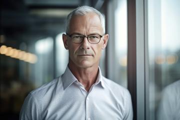 Middle-aged man with glasses in a light shirt, standing near window- Stock Photo or Stock Video of rcfotostock | RC Photo Stock