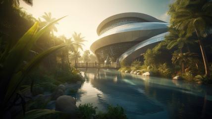 Modern architectural building surrounded by a tropical paradise at dawn- Stock Photo or Stock Video of rcfotostock | RC Photo Stock