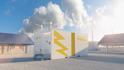 modern battery energy storage system with wind turbines and solar panel power plants in background- Stock Photo or Stock Video of rcfotostock | RC Photo Stock
