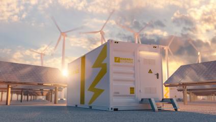 modern battery energy storage system with wind turbines and solar panel power plants in background at sunset- Stock Photo or Stock Video of rcfotostock | RC Photo Stock