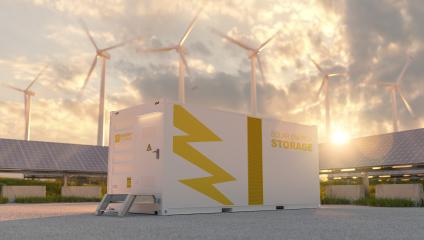 modern battery energy storage system with wind turbines and solar panel power plants in background at sunset. New energy concept image- Stock Photo or Stock Video of rcfotostock | RC Photo Stock