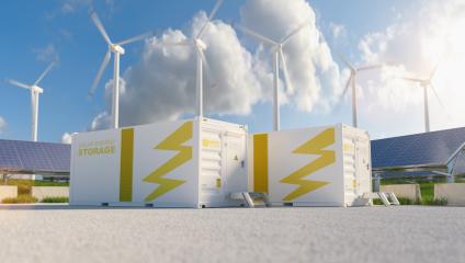 modern battery energy storage system with wind turbines and solar panel power plants in background. New energy concept image- Stock Photo or Stock Video of rcfotostock | RC Photo Stock