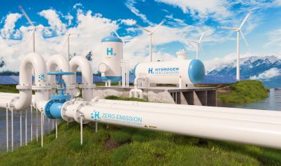 Modern hydrogen energy storage system accompaind by large solar power plant and wind turbine park in sunny summer afteroon light with blue sky and scattered clouds- Stock Photo or Stock Video of rcfotostock | RC Photo Stock