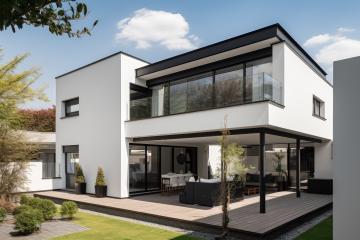 Modern white house with large windows, garden, and wooden deck- Stock Photo or Stock Video of rcfotostock | RC Photo Stock