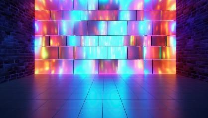 Neon-lit room with colorful panels and brick walls- Stock Photo or Stock Video of rcfotostock | RC Photo Stock
