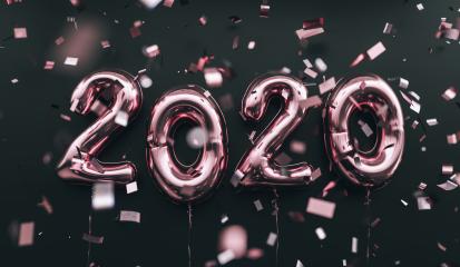 New year 2020 celebration. pink metallic foil balloons numeral 2020 and confetti on black background- Stock Photo or Stock Video of rcfotostock | RC Photo Stock
