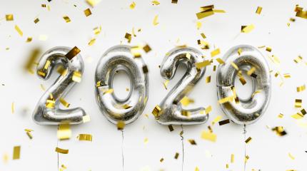 New year 2020 celebration. silver foil balloons numeral 2020 and confetti on blue background- Stock Photo or Stock Video of rcfotostock | RC Photo Stock