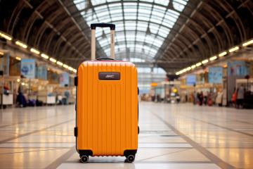 Orange suitcase in a spacious airport terminal with arching roof- Stock Photo or Stock Video of rcfotostock | RC Photo Stock