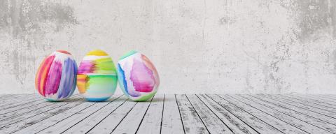 Painted easter eggs for Easter in front of grunge background wall, including copy space, banner size- Stock Photo or Stock Video of rcfotostock | RC-Photo-Stock