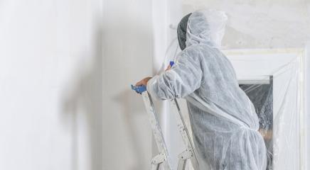 painter stands with paint roller on a ladder to paint the room window with white color. do it yourself concept image- Stock Photo or Stock Video of rcfotostock | RC-Photo-Stock
