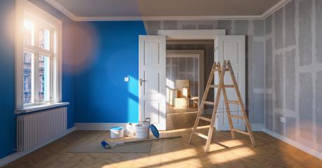 Painting wall blue in room before and after restoration or refurbishment- Stock Photo or Stock Video of rcfotostock | RC Photo Stock