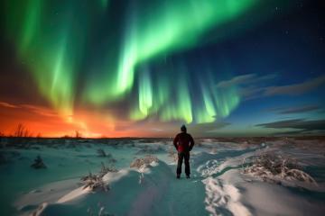 Person observing the vibrant aurora borealis in a snowy landscape : Stock Photo or Stock Video Download rcfotostock photos, images and assets rcfotostock | RC Photo Stock.: