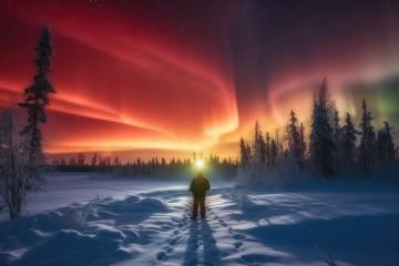 Person standing amidst snowy terrain, gazing at the radiant red aurora : Stock Photo or Stock Video Download rcfotostock photos, images and assets rcfotostock | RC Photo Stock.: