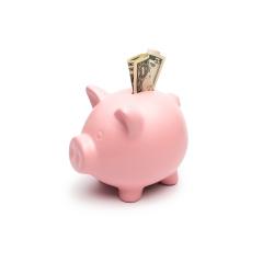 Piggy bank with one dollar notes Isolated on white - Stock Photo or Stock Video of rcfotostock | RC-Photo-Stock