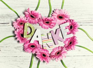 Pink gerbera flowers arranged in a heart shape around the word 