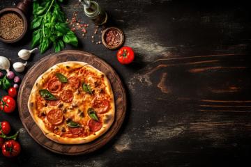 Pizza on wooden board with fresh ingredients and dark background : Stock Photo or Stock Video Download rcfotostock photos, images and assets rcfotostock | RC Photo Stock.: