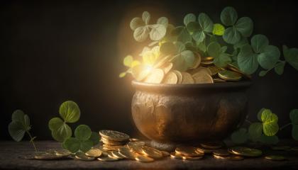 Pot with gold coins covered with clover on wooden table against dark background. St. Patrick- Stock Photo or Stock Video of rcfotostock | RC Photo Stock