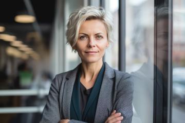 professional woman with short white hair smiles subtly by a window in an office setting- Stock Photo or Stock Video of rcfotostock | RC Photo Stock