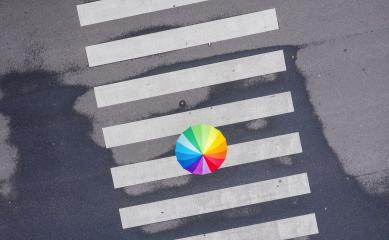 rainbow umbrella on a pedestrian crosswalk - view from a drone- Stock Photo or Stock Video of rcfotostock | RC Photo Stock