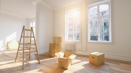 Relocation with moving boxes in a room with a wooden ladder an sunlight : Stock Photo or Stock Video Download rcfotostock photos, images and assets rcfotostock | RC-Photo-Stock.: