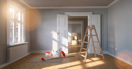 Renovation and modernization in a room with ladder and paint bucket- Stock Photo or Stock Video of rcfotostock | RC Photo Stock