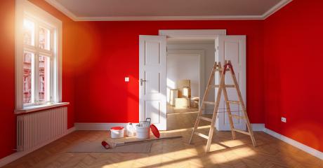 Renovation and modernization in a room with red wall and ladder and paint bucket- Stock Photo or Stock Video of rcfotostock | RC Photo Stock
