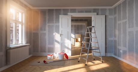 Renovation and modernization with drywall plaster in a walk-through room with ladder and paint bucket- Stock Photo or Stock Video of rcfotostock | RC Photo Stock