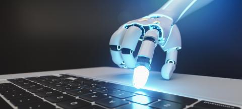Robotic cyborg hand pressing a keyboard on a laptop - Stock Photo or Stock Video of rcfotostock | RC Photo Stock