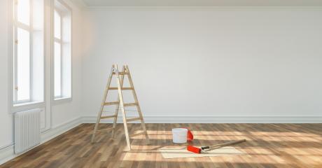 Room in renovation in elegant apartment for relocation with paint bucket, copy space for individual text- Stock Photo or Stock Video of rcfotostock | RC Photo Stock