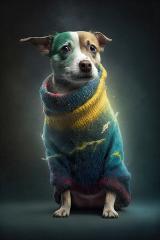 sad homeless jack russell terrier dog with colorful sweater sitting on the street  (Generative AI)- Stock Photo or Stock Video of rcfotostock | RC Photo Stock