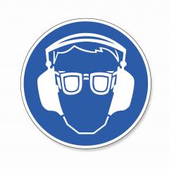 Safety glasses and ear protection must be worn. Ear and eye protection must be worn, mandatory sign or safety sign, on white background. Vector illustration. Eps 10 vector file.- Stock Photo or Stock Video of rcfotostock | RC Photo Stock