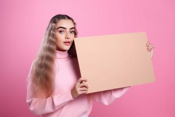 Serene young woman with long hair holding a beige blank sign : Stock Photo or Stock Video Download rcfotostock photos, images and assets rcfotostock | RC Photo Stock.:
