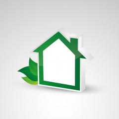 shape of house with green leafs and copyspace for your individual text. Eco home real estate design template, 3d design. Vector illustration. Eps 10 vector file. - Stock Photo or Stock Video of rcfotostock | RC-Photo-Stock