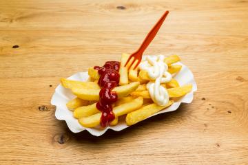 shell of french fries with ketchup and mayonnaise- Stock Photo or Stock Video of rcfotostock | RC Photo Stock