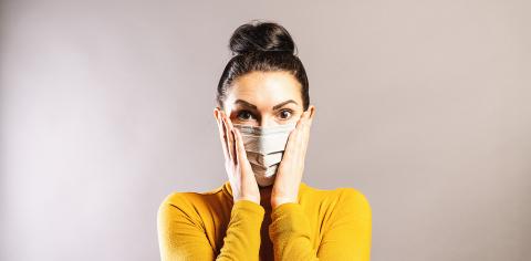 shocked woman looks scared wearing protection face mask against  : Stock Photo or Stock Video Download rcfotostock photos, images and assets rcfotostock | RC Photo Stock.:
