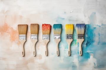Six paintbrushes with different colored paint on bristles
 : Stock Photo or Stock Video Download rcfotostock photos, images and assets rcfotostock | RC Photo Stock.: