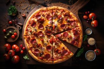 Sliced pepperoni pizza surrounded by fresh ingredients on a dark wooden table : Stock Photo or Stock Video Download rcfotostock photos, images and assets rcfotostock | RC Photo Stock.: