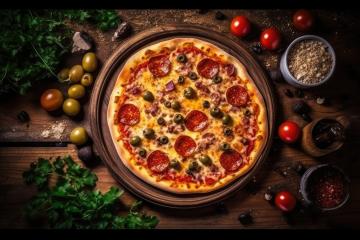 Sliced pepperoni pizza surrounded by fresh ingredients on a dark wooden table- Stock Photo or Stock Video of rcfotostock | RC Photo Stock