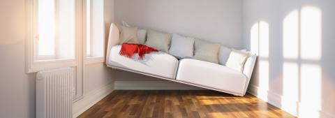 Small narrow living room with space problems and a sofa between walls, banner size- Stock Photo or Stock Video of rcfotostock | RC-Photo-Stock
