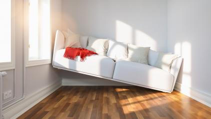 Small narrow living room with space problems and a sofa with red scarf between walls- Stock Photo or Stock Video of rcfotostock | RC Photo Stock