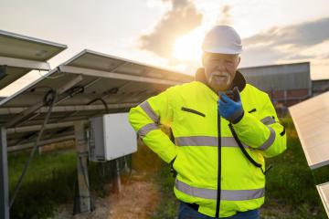 Smiling engineer communicating with a walkie-talkie at a solar power site. Alternative energy ecological concept image.- Stock Photo or Stock Video of rcfotostock | RC Photo Stock