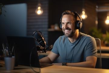 Smiling man podcasting with microphone and laptop
 : Stock Photo or Stock Video Download rcfotostock photos, images and assets rcfotostock | RC Photo Stock.: