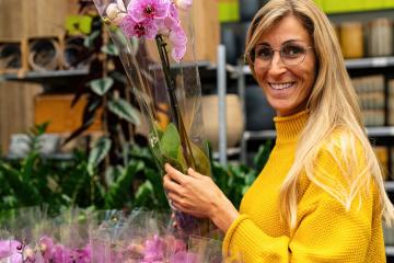 Smiling woman with glasses admiring Fresh pink Orchid flowers in a Garden Center for Purchase. Shopping in a greenhouse concept image : Stock Photo or Stock Video Download rcfotostock photos, images and assets rcfotostock | RC Photo Stock.: