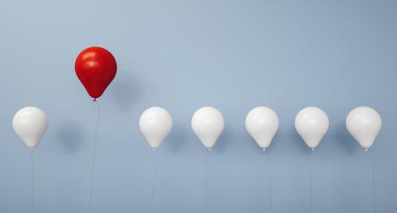 Stand out from the crowd and different concept , One red balloon flying away from other white balloons on light blue pastel color wall background with reflections and shadows - 3D rendering- Stock Photo or Stock Video of rcfotostock | RC Photo Stock