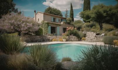 Stone villa with pool amidst lush garden and flowering trees : Stock Photo or Stock Video Download rcfotostock photos, images and assets rcfotostock | RC Photo Stock.: