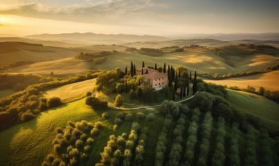 Sunlit Tuscan landscape with a villa, cypress trees, and rolling hills- Stock Photo or Stock Video of rcfotostock | RC Photo Stock