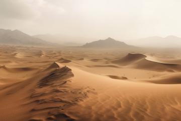 Sweeping sand dunes with rugged mountains in a misty horizon- Stock Photo or Stock Video of rcfotostock | RC Photo Stock