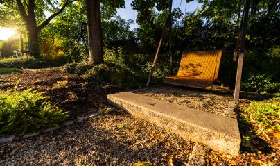 swing bench in a garden at sunrise, sunlight filtering through trees- Stock Photo or Stock Video of rcfotostock | RC Photo Stock